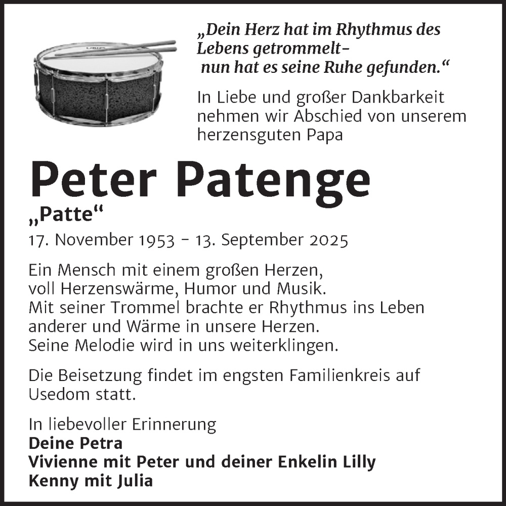  Traueranzeige für Peter Patenge vom 15.11.2025 aus Super Sonntag Merseburg/Querfurt
