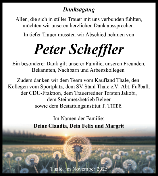 Traueranzeige von Peter Scheffler von Trauerkombi Quedlinburg