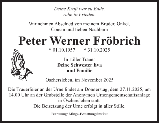 Traueranzeige von Peter Werner Fröbrich von Volksstimme Oschersleben/Wanzleben