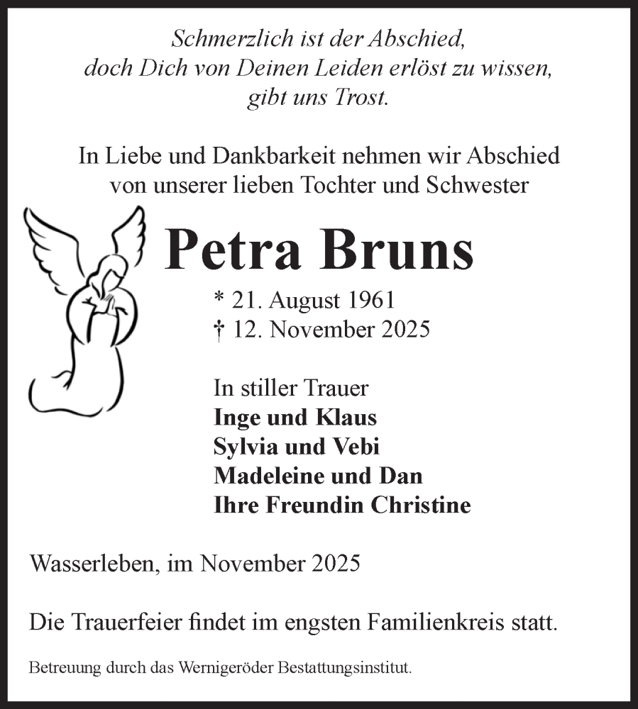  Traueranzeige für Petra Bruns vom 22.11.2025 aus Volksstimme Wernigerode