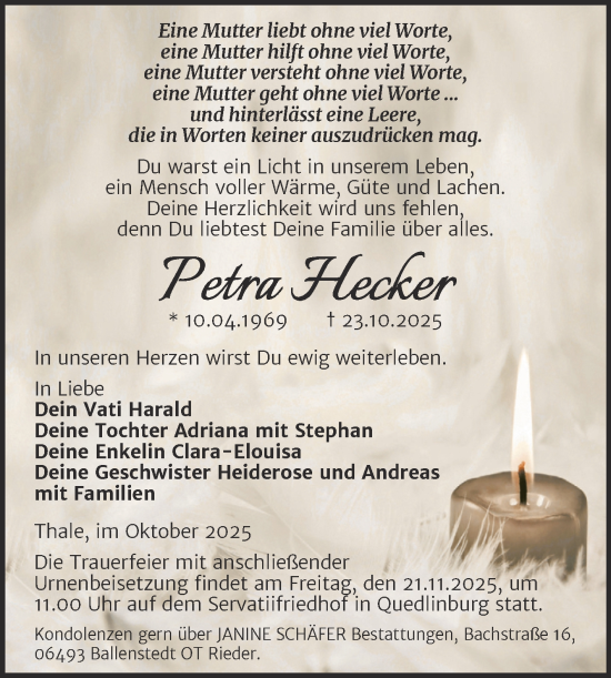 Traueranzeige von Petra Hecker von Trauerkombi Quedlinburg