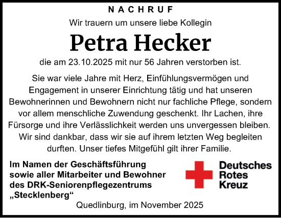 Traueranzeige von Petra Hecker von Super Sonntag Quedlingburg