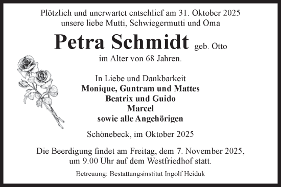 Traueranzeige von Petra Schmidt von Volksstimme Schönebeck