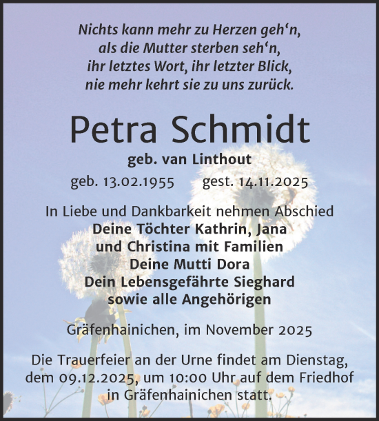 Traueranzeige von Petra Schmidt von Trauerkombi Wittenberg