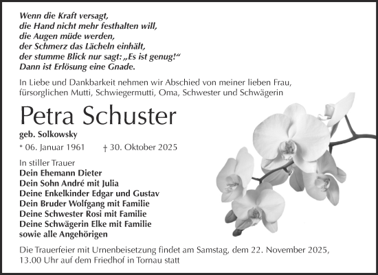 Traueranzeige von Petra Schuster von Trauerkombi Wittenberg