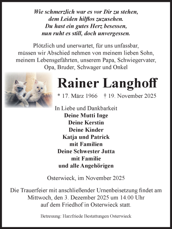 Traueranzeige von Rainer Langhoff von Volksstimme Halberstadt
