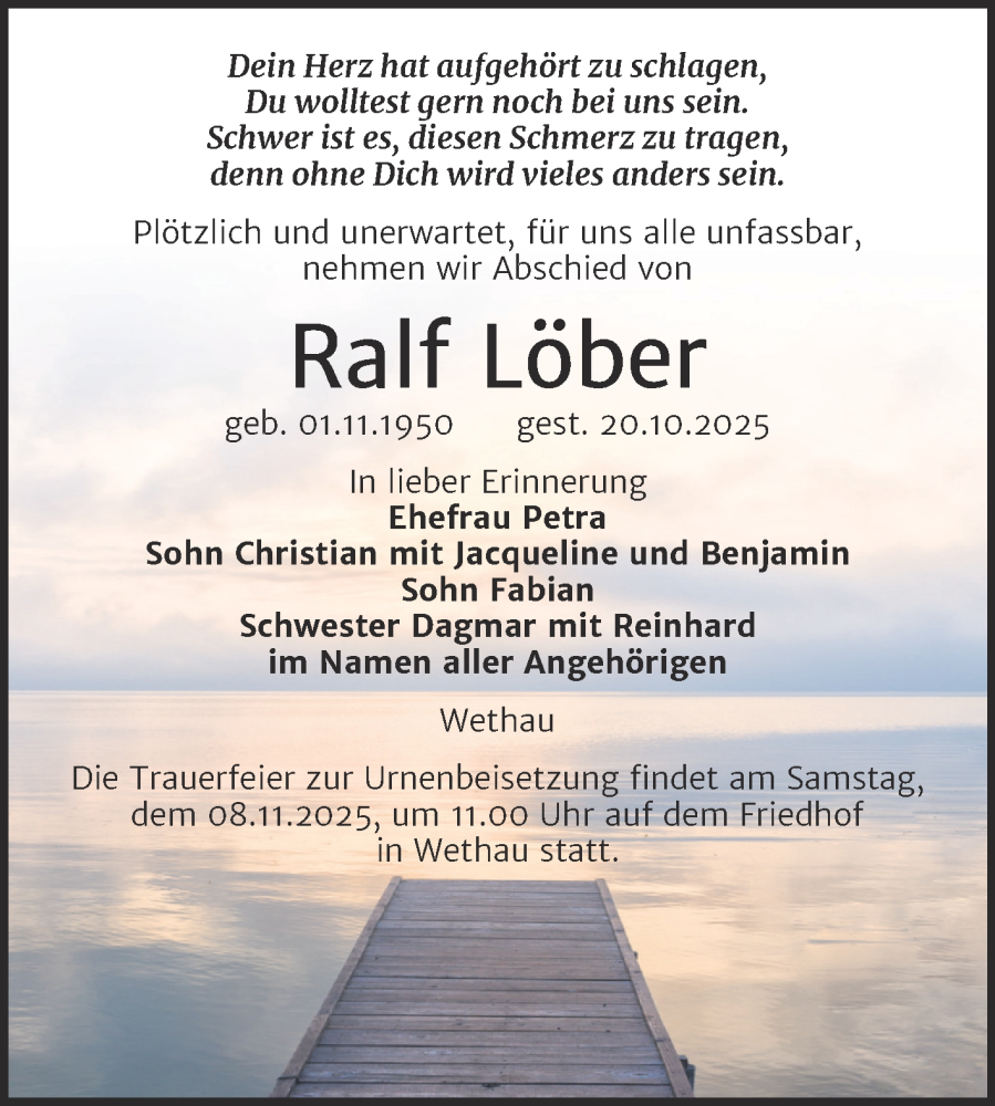  Traueranzeige für Ralf Löber vom 01.11.2025 aus Super Sonntag Naumburg/Nebra