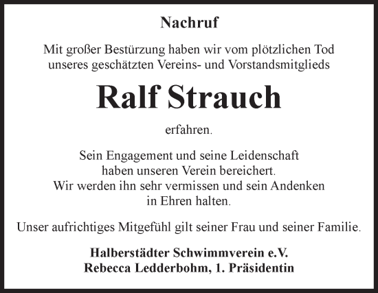 Traueranzeige von Ralf Strauch von Volksstimme Halberstadt
