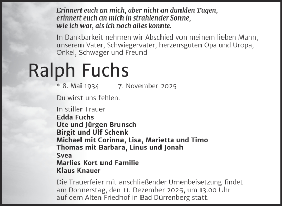 Traueranzeige von Ralph Fuchs von Mitteldeutsche Zeitung Merseburg/Querfurt