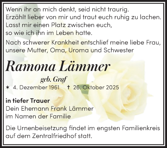 Traueranzeige von Ramona Lämmer von Trauerkombi Quedlinburg