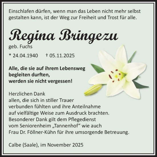 Traueranzeige von Regina Bringezu von Volksstimme Schönebeck