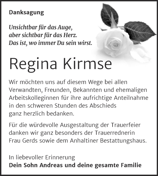 Traueranzeige von Regina Kirmse von Trauerkombi Dessau