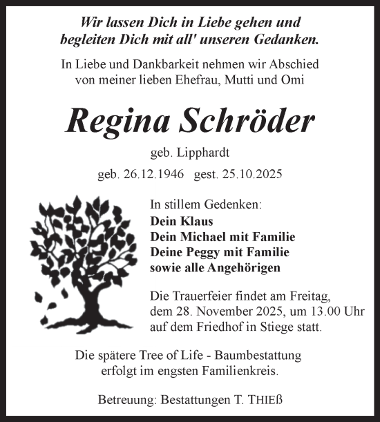 Traueranzeige von Regina Schröder von Volksstimme Wernigerode