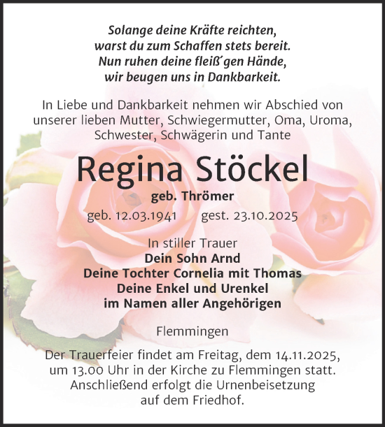 Traueranzeige von Regina Stöckel von Super Sonntag Naumburg/Nebra
