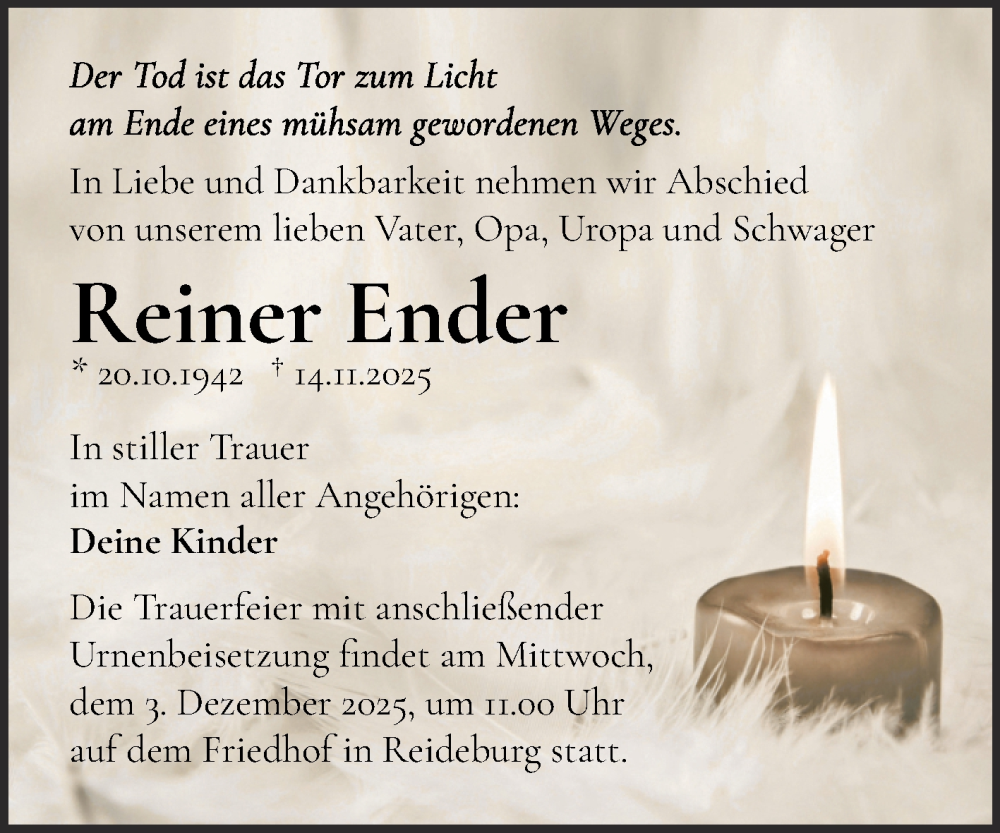  Traueranzeige für Reiner Ender vom 22.11.2025 aus Mitteldeutsche Zeitung Halle/Saalkreis