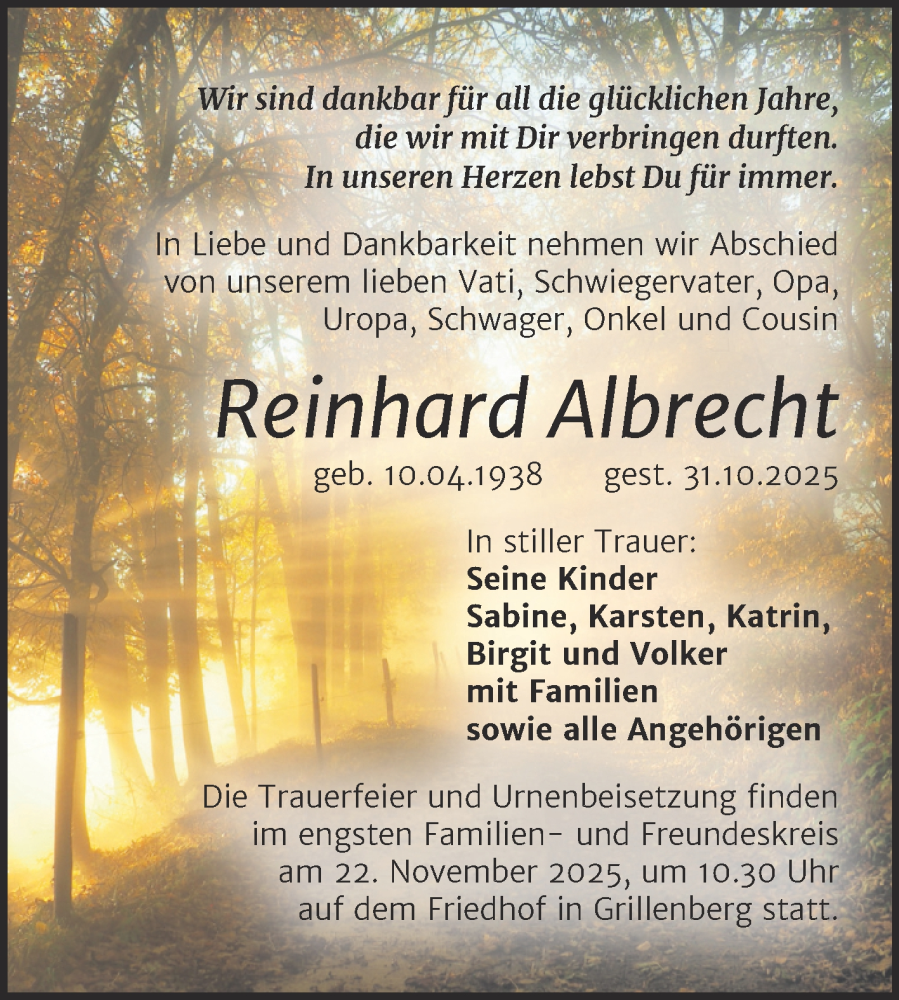  Traueranzeige für Reinhard Albrecht vom 15.11.2025 aus Trauerkombi Sangerhausen
