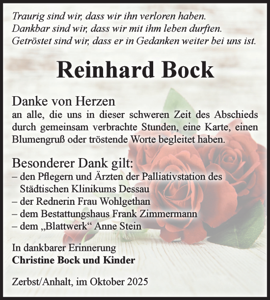 Traueranzeige von Reinhard Bock von Volksstimme Zerbst