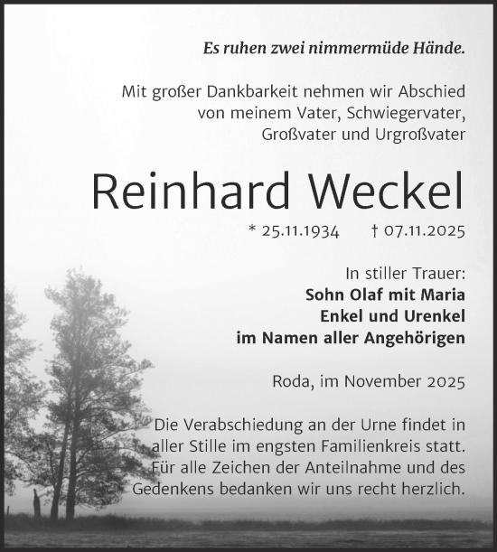 Traueranzeige von Reinhard Weckel von Trauerkombi Zeitz