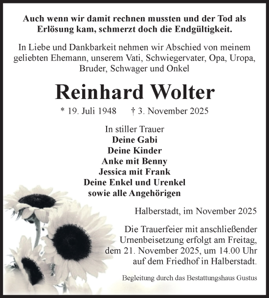 Traueranzeige von Reinhard Wolter von Volksstimme Halberstadt