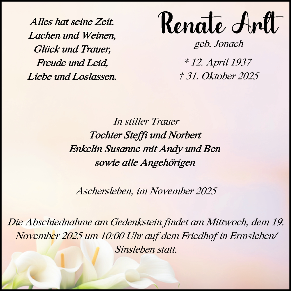  Traueranzeige für Renate Arlt vom 15.11.2025 aus Mitteldeutsche Zeitung Quedlingburg