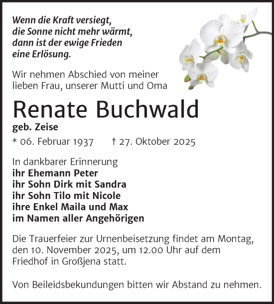 Traueranzeige von Renate Buchwald von Super Sonntag Naumburg/Nebra