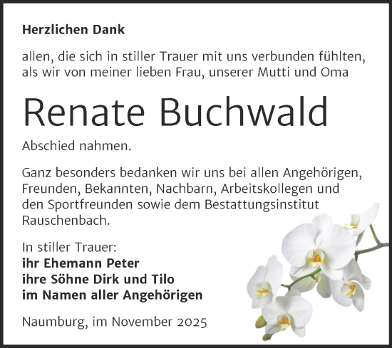 Traueranzeige von Renate Buchwald von Naumburger Tageblatt