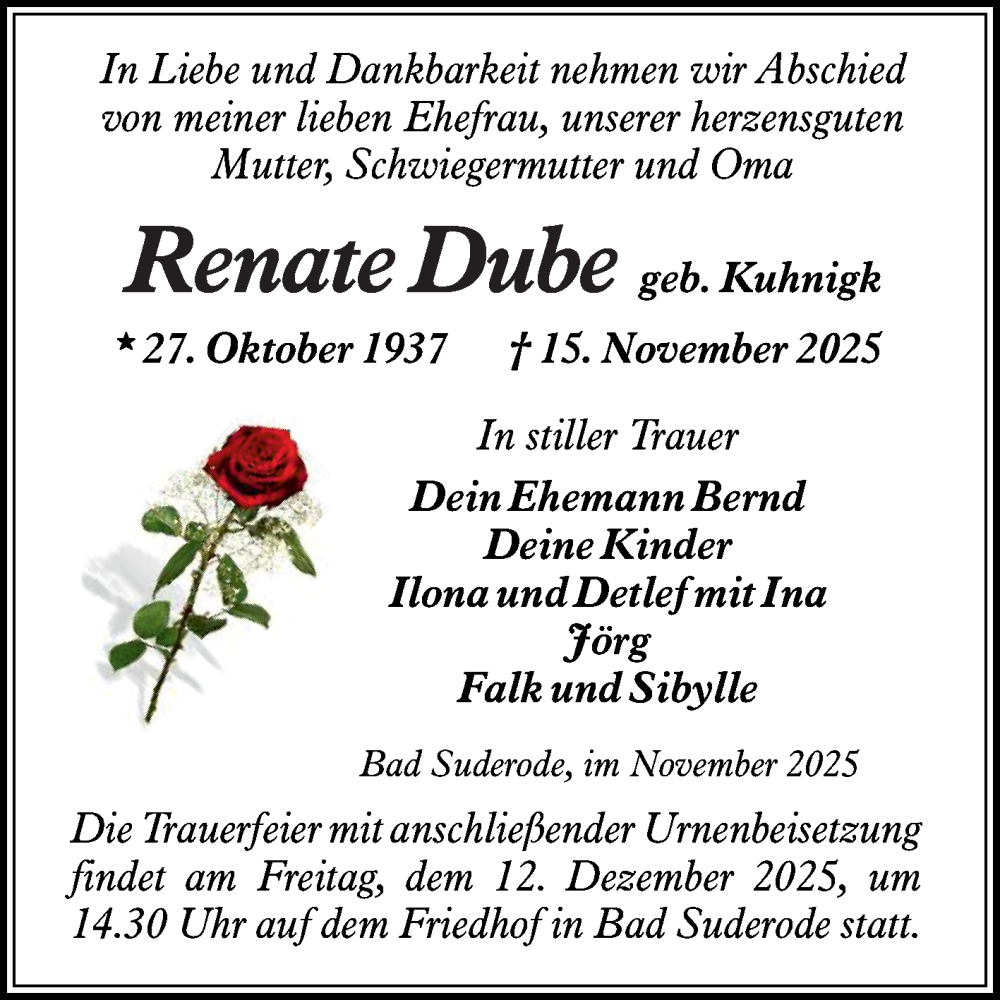  Traueranzeige für Renate Dube vom 22.11.2025 aus Trauerkombi Quedlinburg