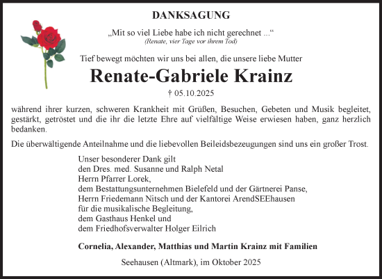 Traueranzeige von Renate-Gabriele Krainz von Volksstimme Altmark Ost