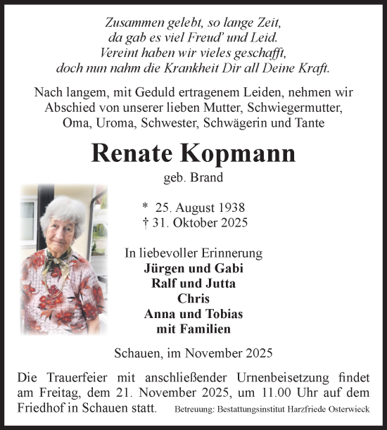 Traueranzeige von Renate Kopmann von Volksstimme Halberstadt