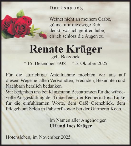 Traueranzeige von Renate Krüger von Volksstimme Oschersleben/Wanzleben