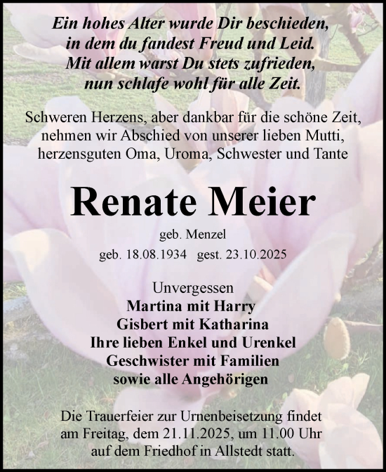 Traueranzeige von Renate Meier von Trauerkombi Sangerhausen
