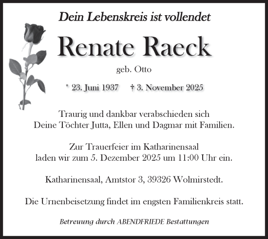 Traueranzeige von Renate Raeck von Volksstimme Haldensleben/Wolmirstedt