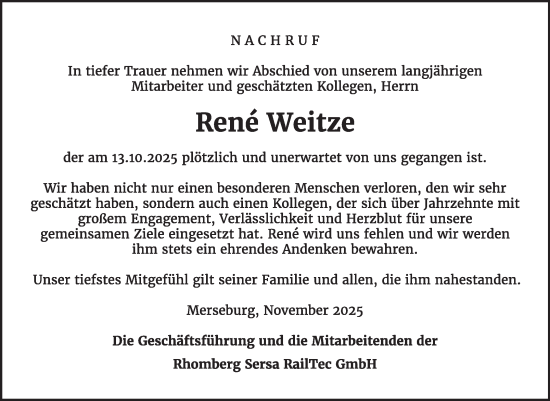 Traueranzeige von René Weitze von Mitteldeutsche Zeitung Merseburg/Querfurt