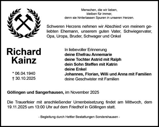Traueranzeige von Richard Kainz von Super Sonntag Sangerhausen