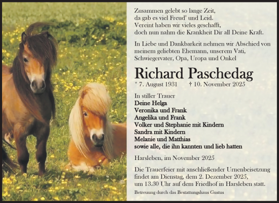 Traueranzeige von Richard Paschedag von Volksstimme Halberstadt