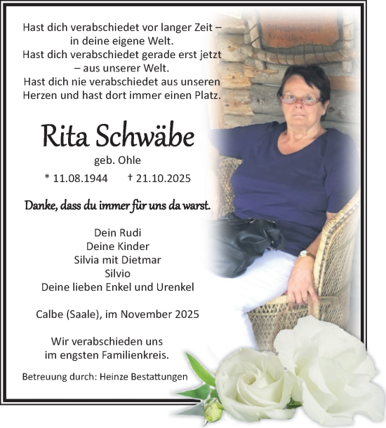 Traueranzeige von Rita Schwäbe von Volksstimme Schönebeck