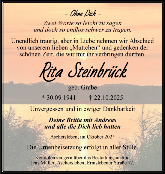 Traueranzeige von Rita Steinbrück von Trauerkombi Aschersleben