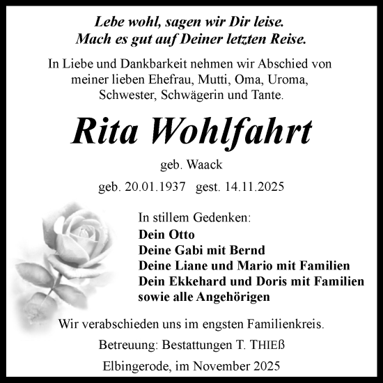Traueranzeige von Rita Wohlfahrt von Volksstimme Wernigerode