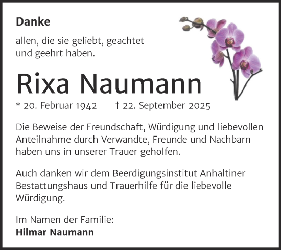 Traueranzeige von Rixa Naumann von Trauerkombi Dessau