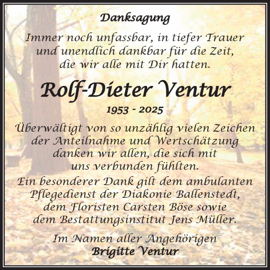 Traueranzeige von Rolf-Dieter Ventur von Trauerkombi Quedlinburg