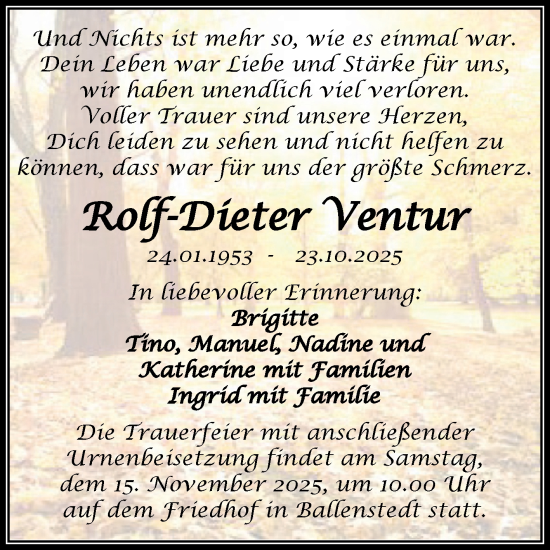 Traueranzeige von Rolf-Dieter Ventur von Trauerkombi Quedlinburg