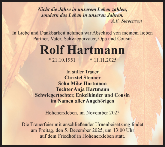 Traueranzeige von Rolf Hartmann von Volksstimme Staßfurt