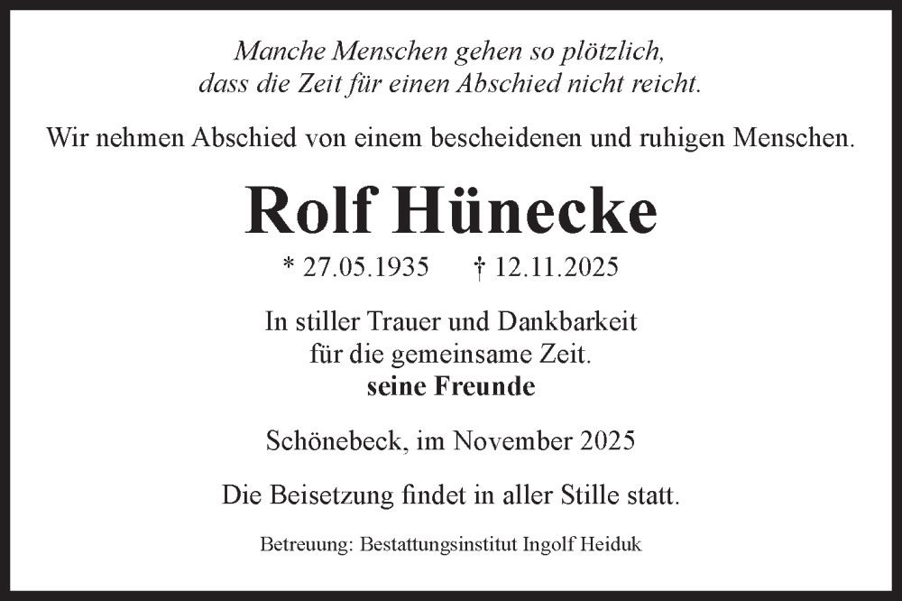  Traueranzeige für Rolf Hünecke vom 22.11.2025 aus Volksstimme Schönebeck