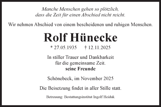 Traueranzeige von Rolf Hünecke von Volksstimme Schönebeck