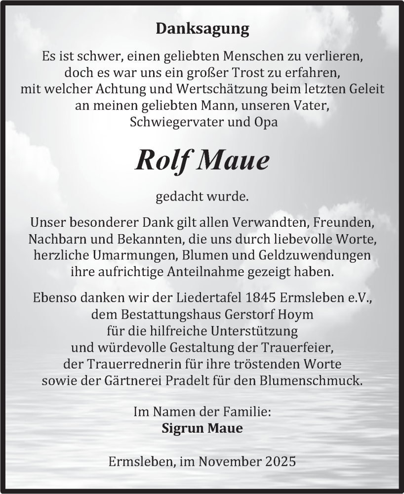  Traueranzeige für Rolf Maue vom 22.11.2025 aus Trauerkombi Quedlinburg
