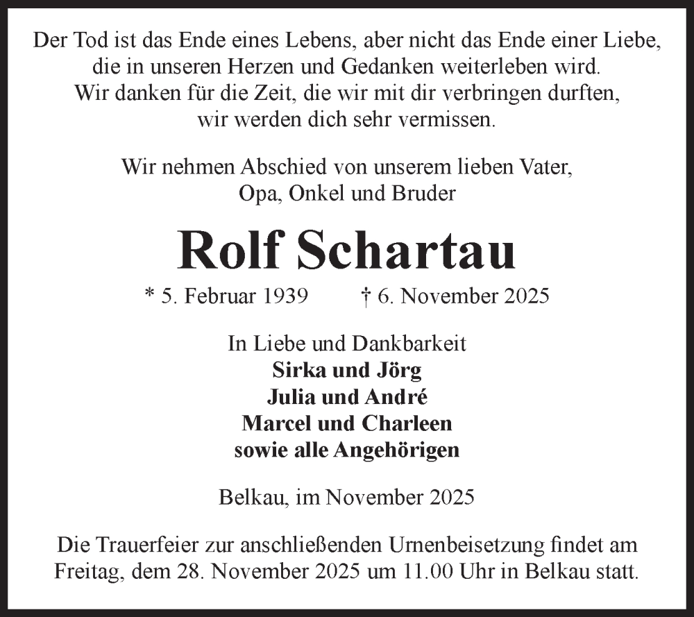  Traueranzeige für Rolf Schartau vom 15.11.2025 aus Volksstimme Altmark Ost