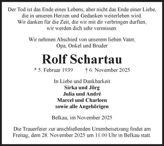 Traueranzeige von Rolf Schartau von Volksstimme Altmark Ost
