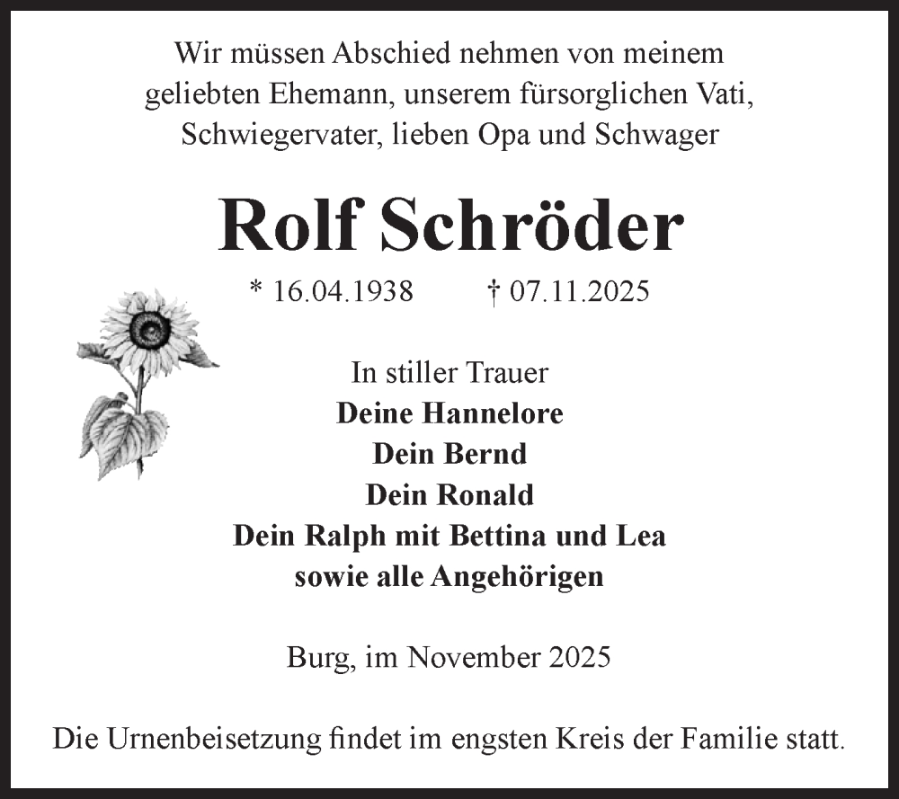  Traueranzeige für Rolf Schröder vom 15.11.2025 aus Volksstimme Burg/Genthin