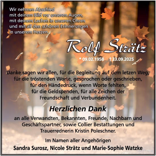 Traueranzeige von Rolf Strätz von Trauerkombi Wittenberg