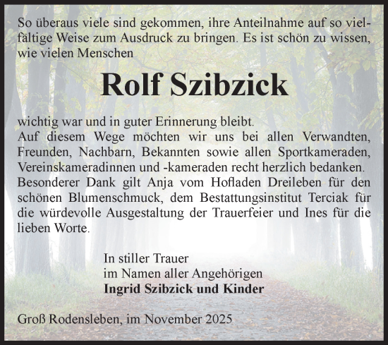 Traueranzeige von Rolf Szibzick von Volksstimme Oschersleben/Wanzleben